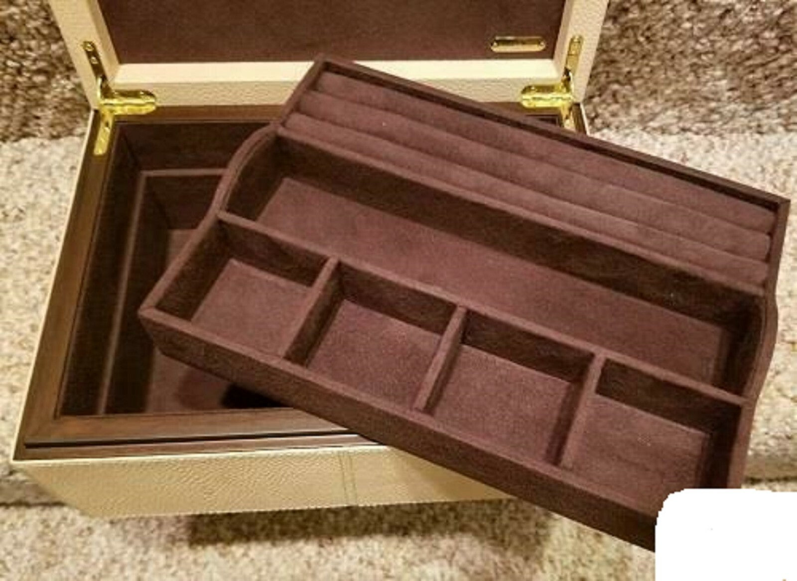 Reed & Barton Melrose Beige Jewelry Box Shagreen Leather Section Suede Tray NEW2