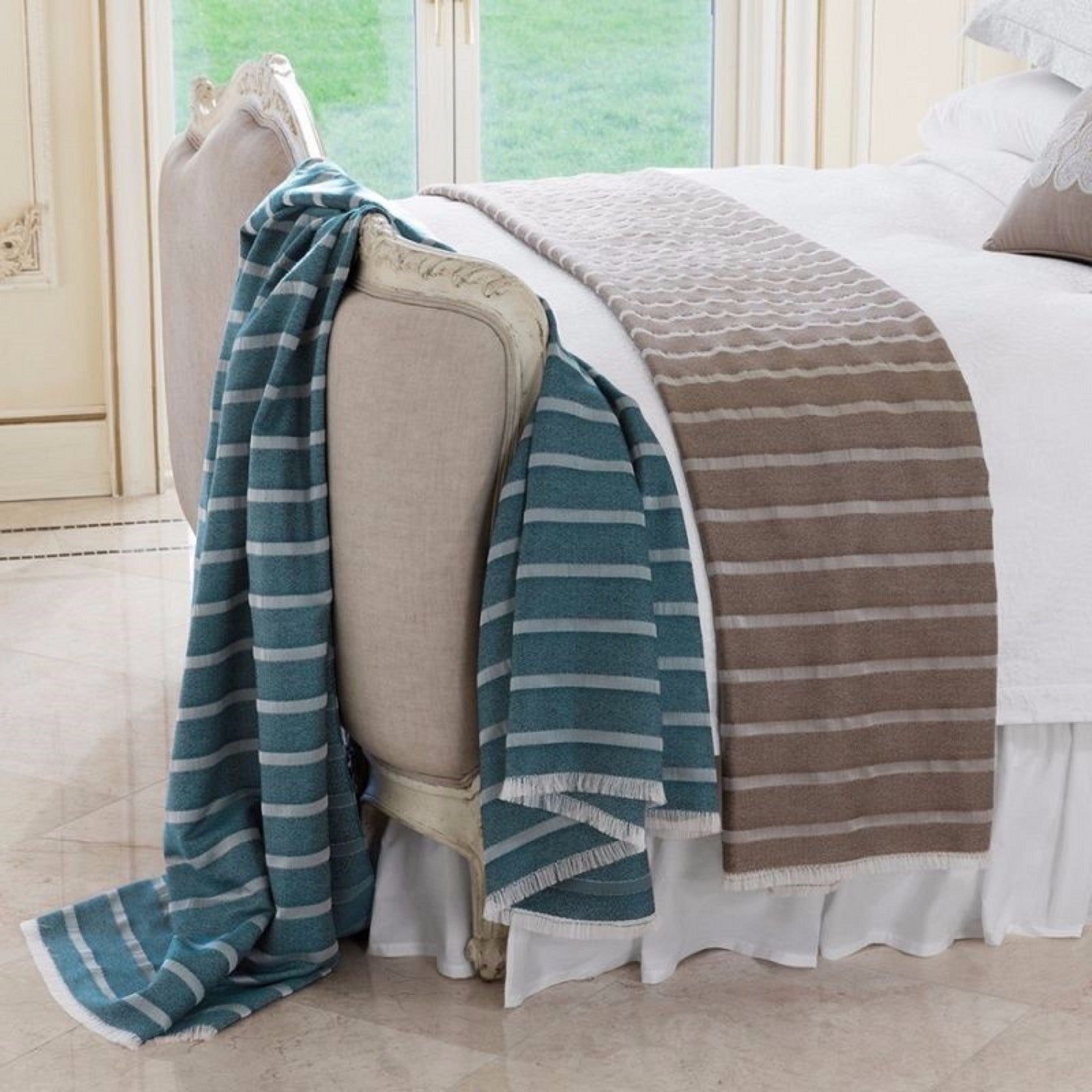 Sferra Marice Blue Throw Blanket Stripes Fringed Wool Silk Oversized Italy NEW3