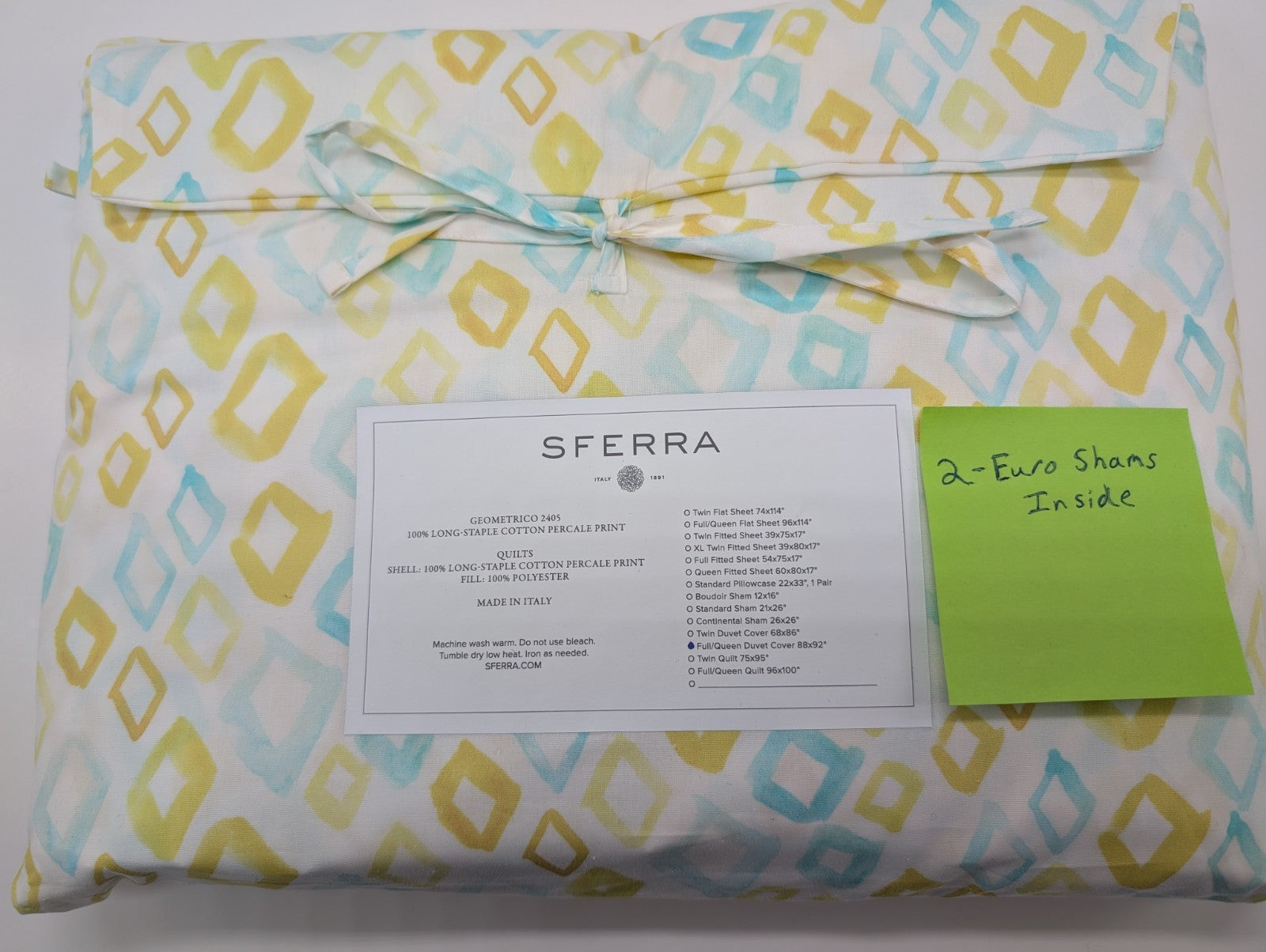 Sferra Geometrico Queen Duvet Set 3PC Aqua Yellow Diamond Percale Print Italy Ne1