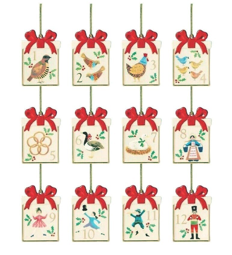 Lenox Twelve Days Of Christmas 12-Piece Ornament Set Hand Painted Bows Gift NEW0