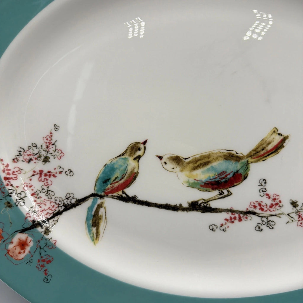 Lenox Chirp Oval Serving Platter 16" Flowers Birds White Teal Bone China USA NEW7