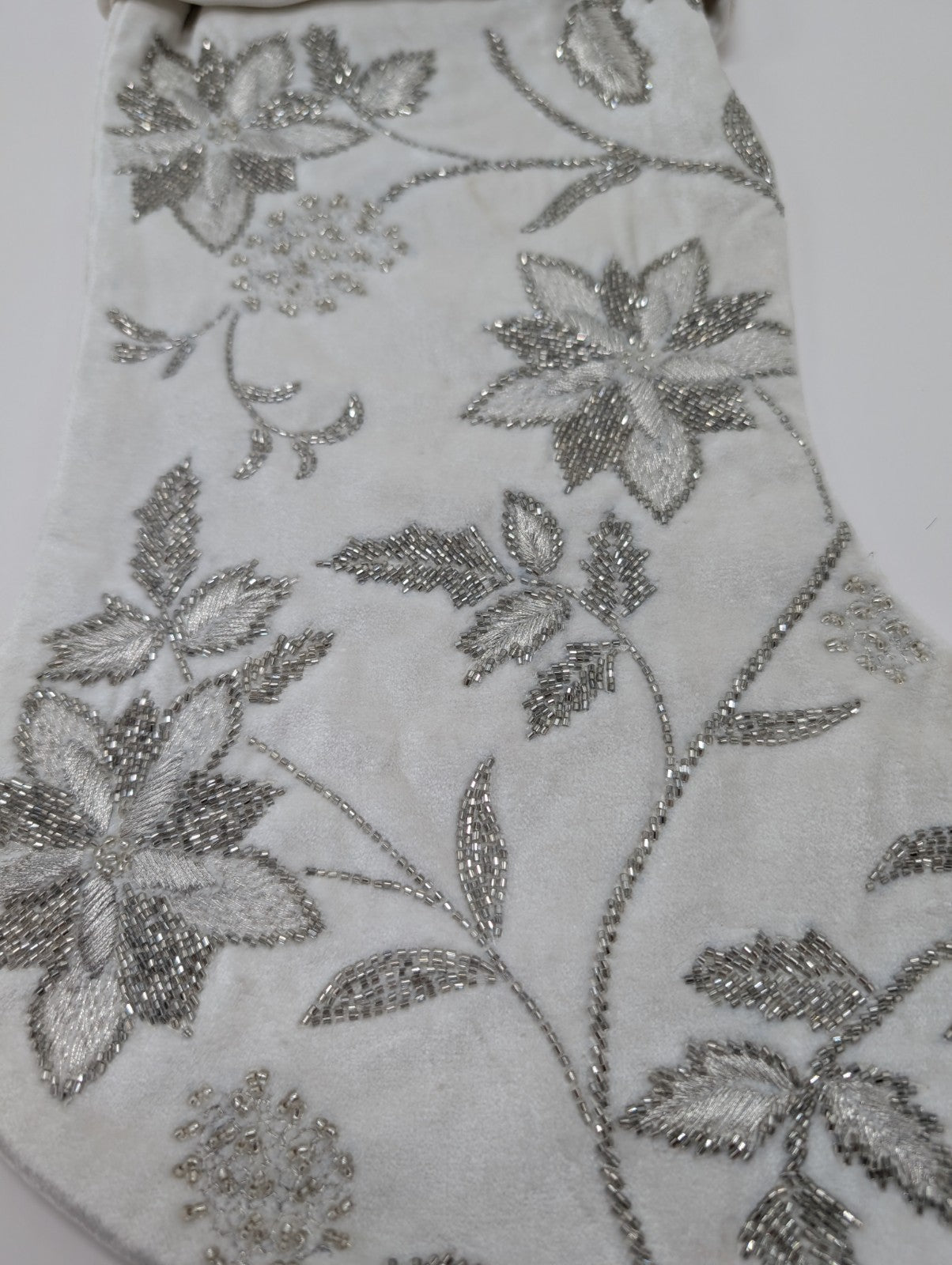 Sferra Allegria Velvet Christmas Stocking Poinsettia Ivory Silver Embroidery NEW5