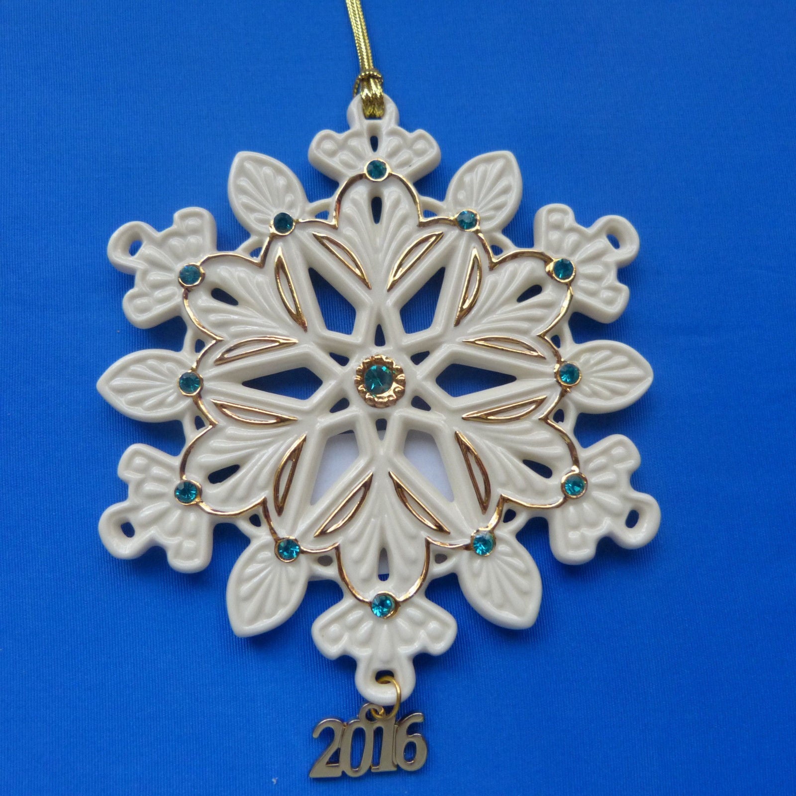 Lenox 2016 Gemmed Snowflake Ornament Annual Green Gold Crystals Christmas NEW1