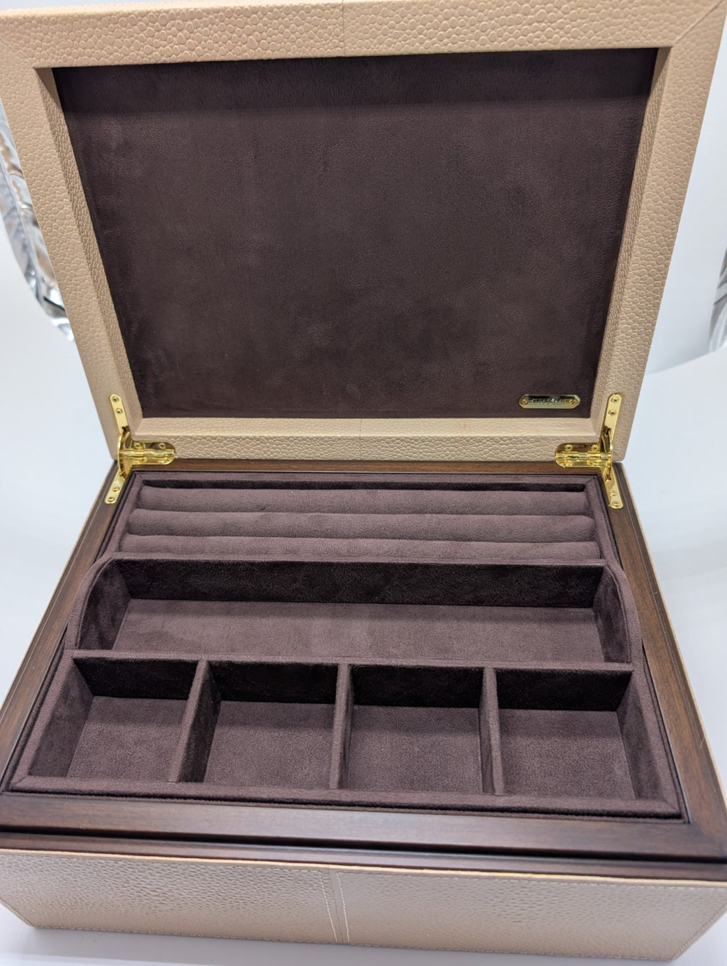 Reed & Barton Melrose Beige Jewelry Box Shagreen Leather Section Suede Tray NEW9