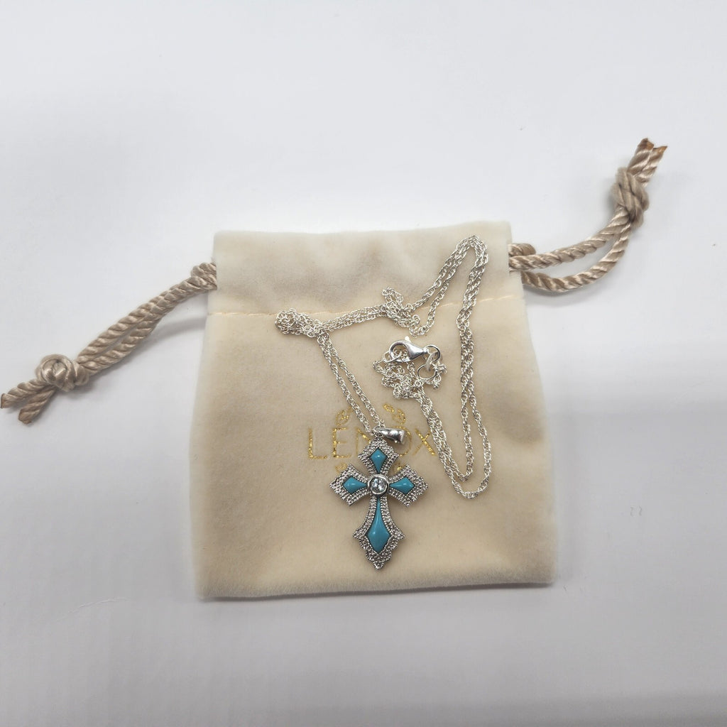 Lenox Turquoise Cross Necklace Blue Topaz Stone Sterling Silver Chain 18" NEW9