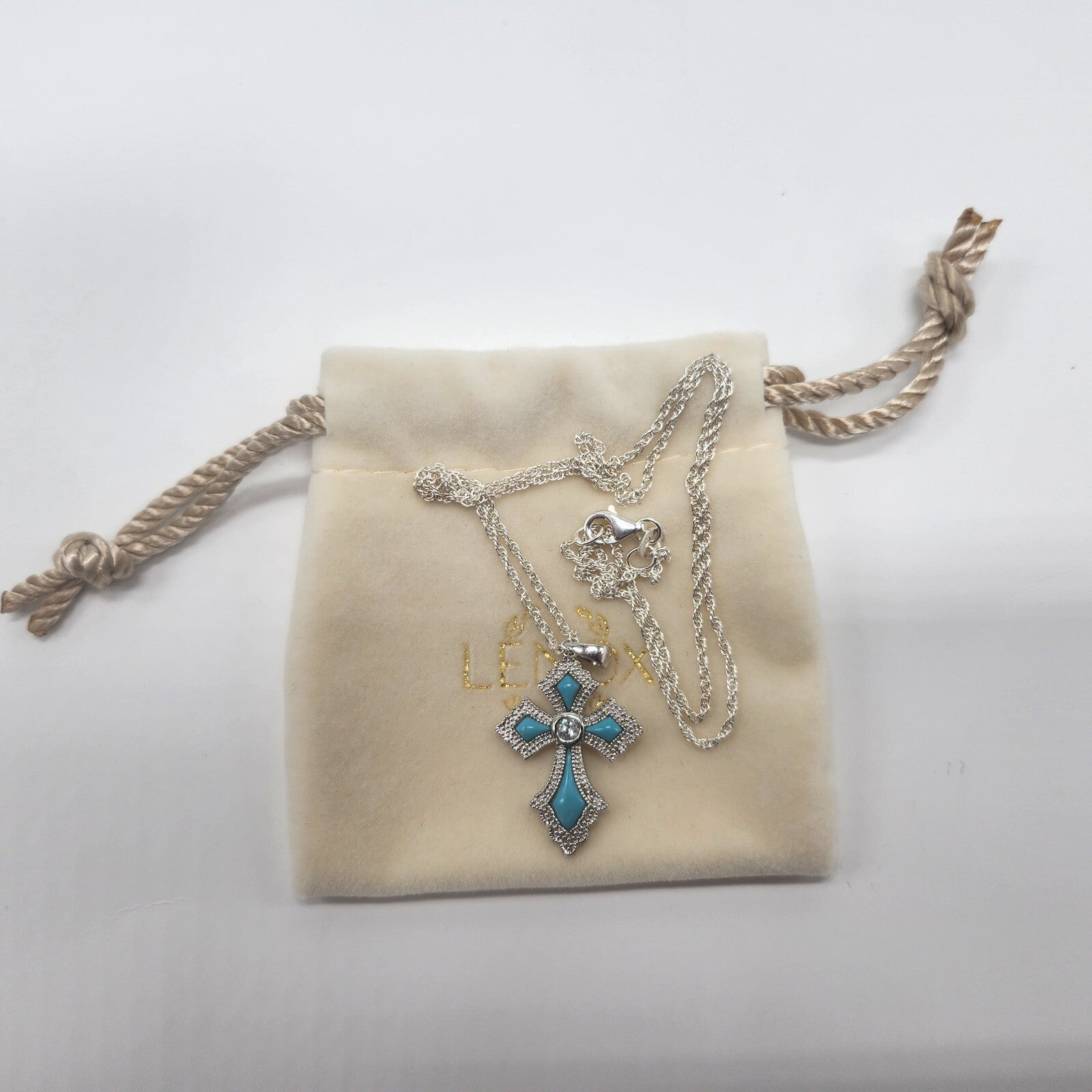 Lenox Turquoise Cross Necklace Blue Topaz Stone Sterling Silver Chain 18" NEW9
