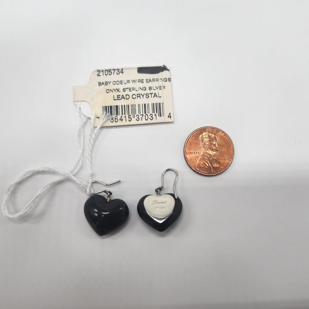 Baccarat Crystal Onyx Heart Earrings Coeur Sterling Silver Wire Drop 1.25" NEW1