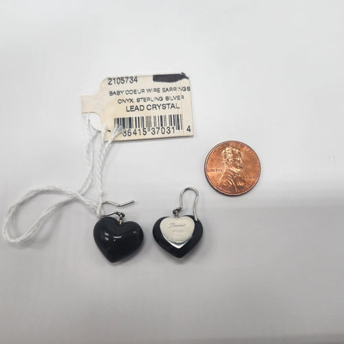 Baccarat Crystal Onyx Heart Earrings Coeur Sterling Silver Wire Drop 1.25" NEW1