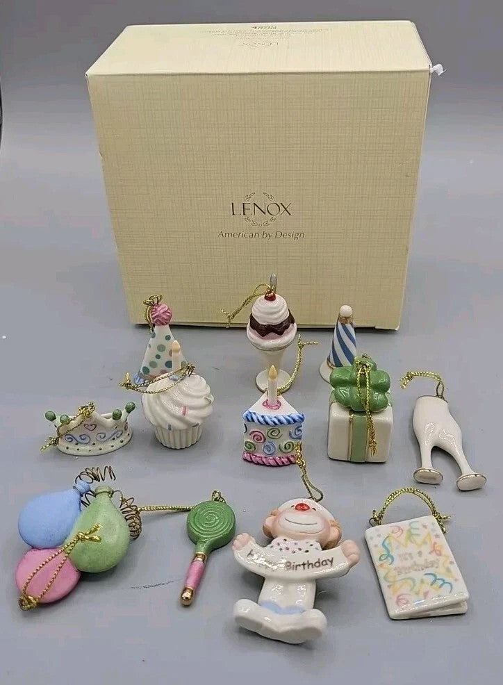 Lenox Happy Birthday Mini Ornaments 10 & Tree Hat Crown Cake Clown Balloons NEW4