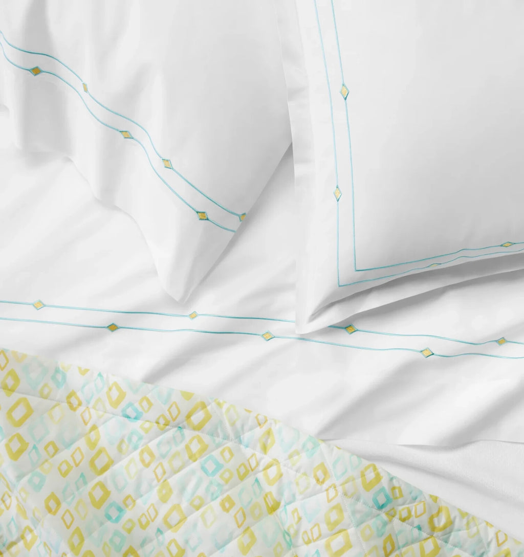 Sferra Geometrico Queen Quilt Aqua Yellow Diamond Cotton Percale Print Italy NEW4