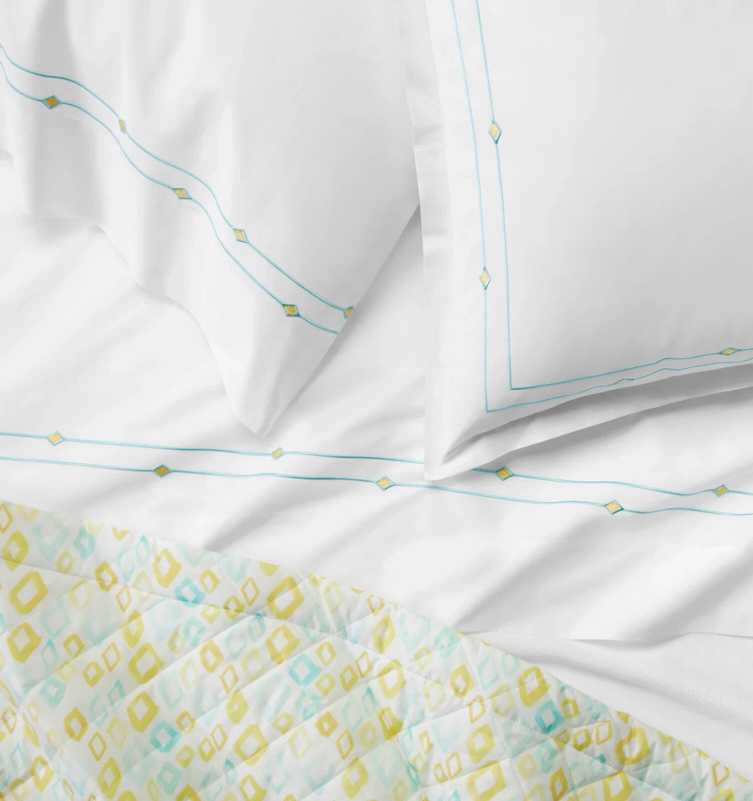 Sferra Geometrico Queen Quilt Aqua Yellow Diamond Cotton Percale Print Italy NEW4