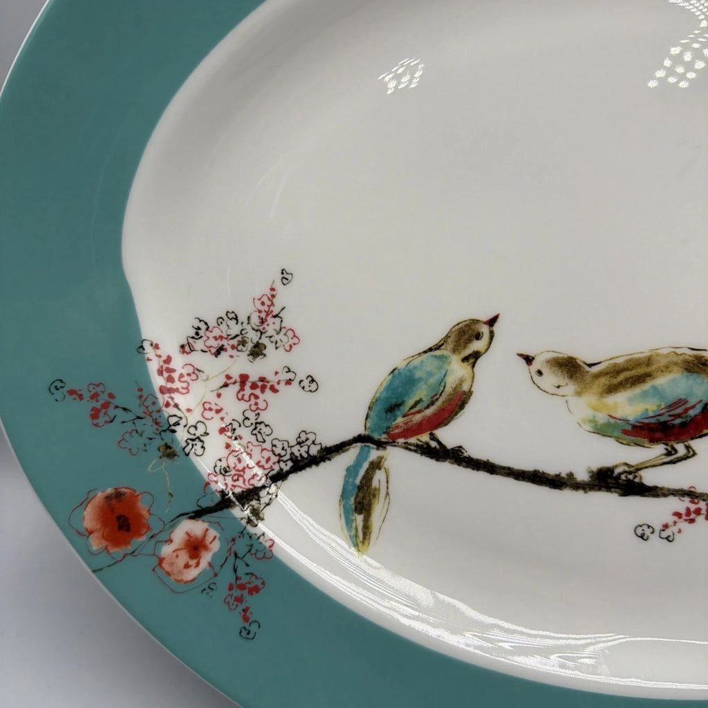 Lenox Chirp Oval Serving Platter 16" Flowers Birds White Teal Bone China USA NEW6