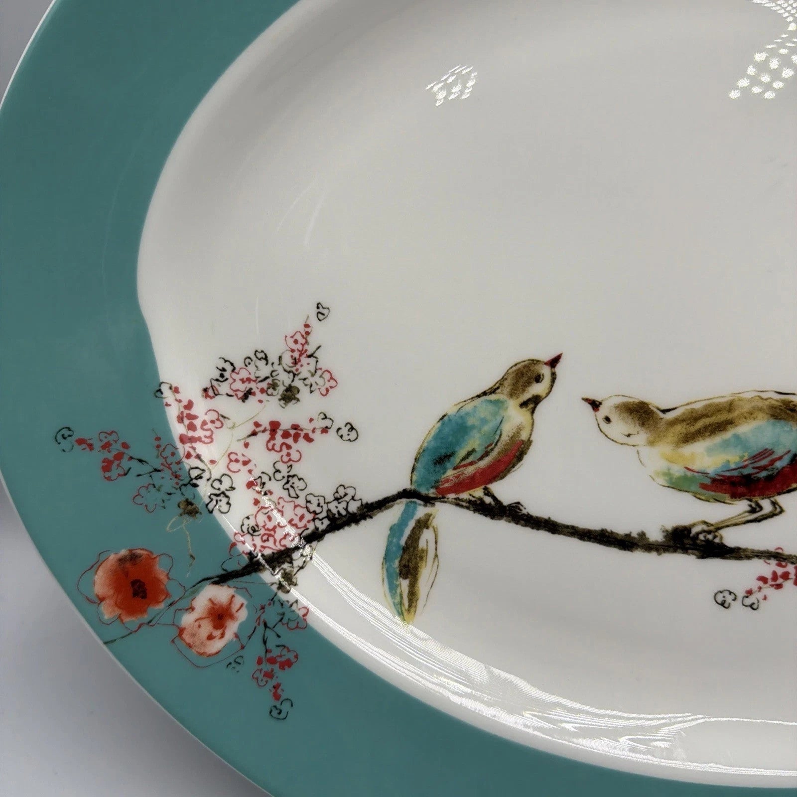 Lenox Chirp Oval Serving Platter 16" Flowers Birds White Teal Bone China USA NEW6