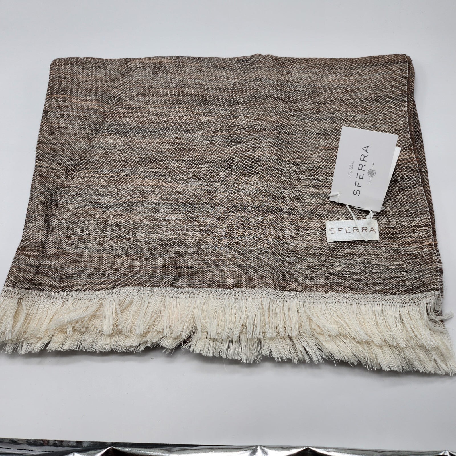 Sferra Taupe Linen Throw Blanket Fringed Woven Linear Design Oversized Italy NEW0