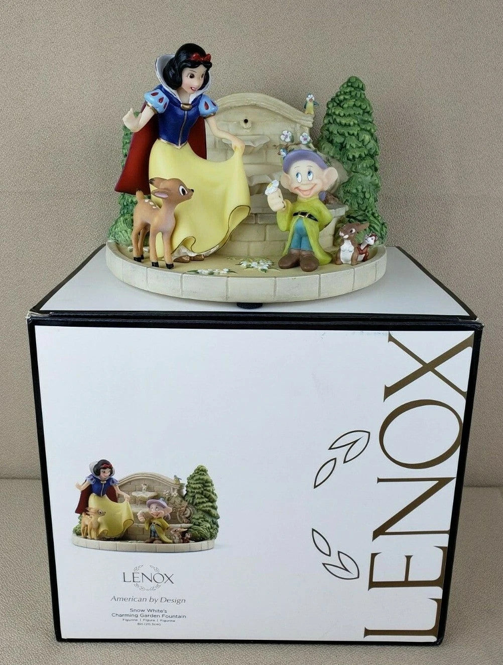 Lenox Disney Princess Snow White's Garden Fountain Figurine Fawn Bird Dopey NEW2