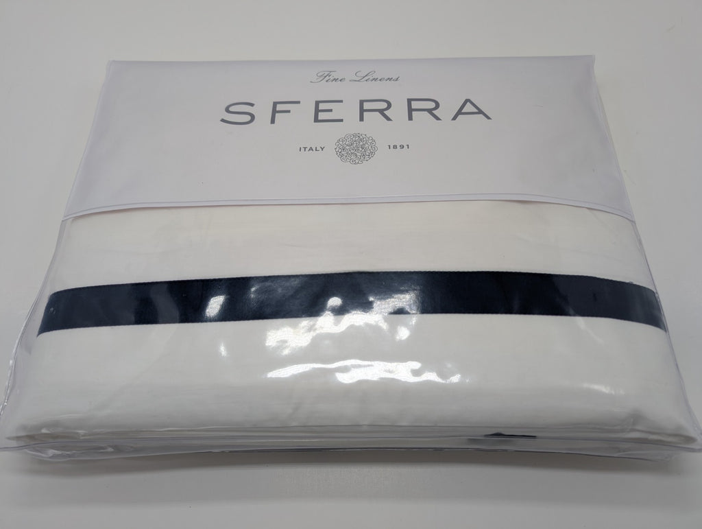 Sferra Estate White Queen Duvet Navy Applique Stripe Cotton Percale Italy NEW0