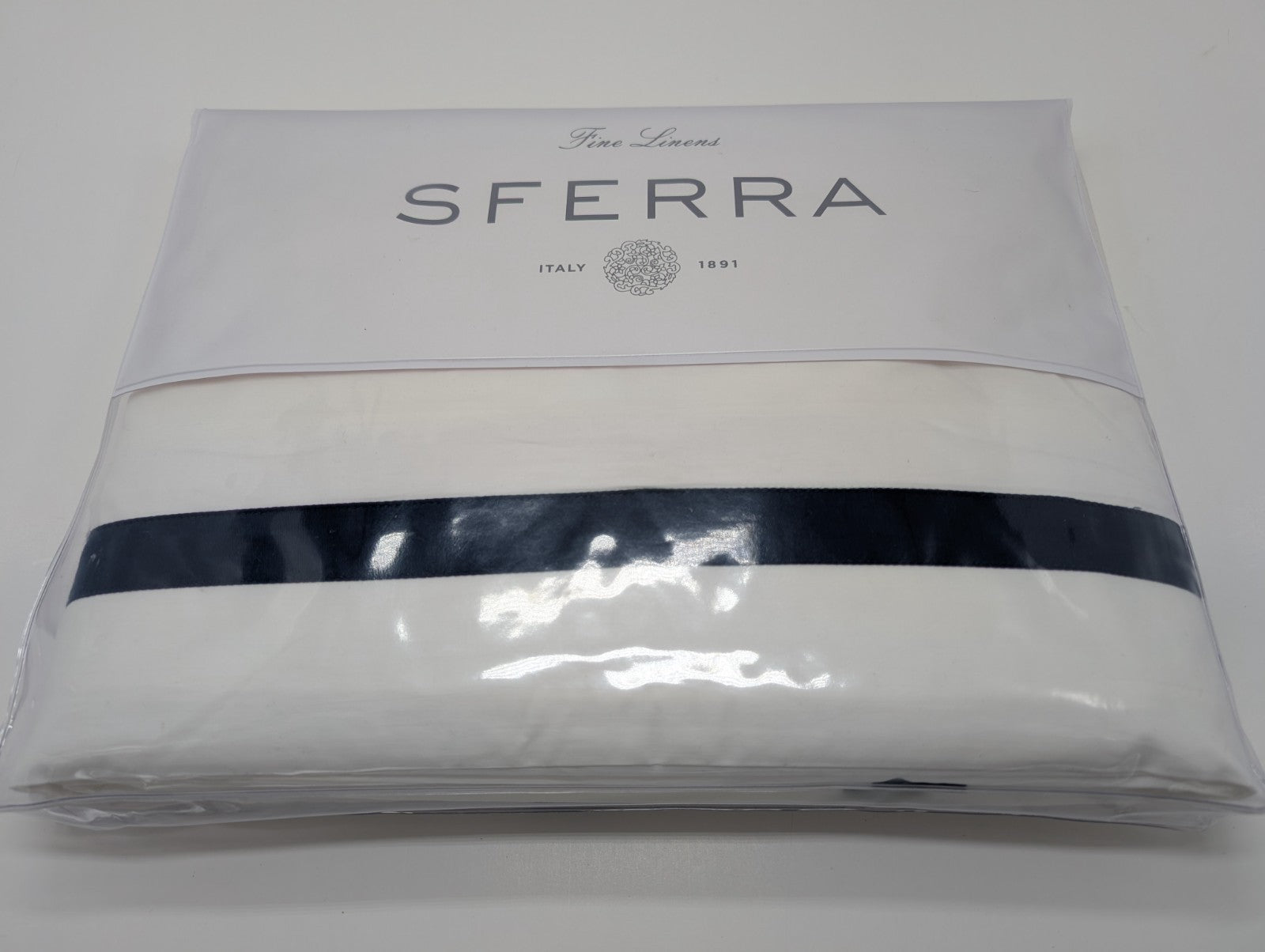 Sferra Estate White Queen Duvet Navy Applique Stripe Cotton Percale Italy NEW0