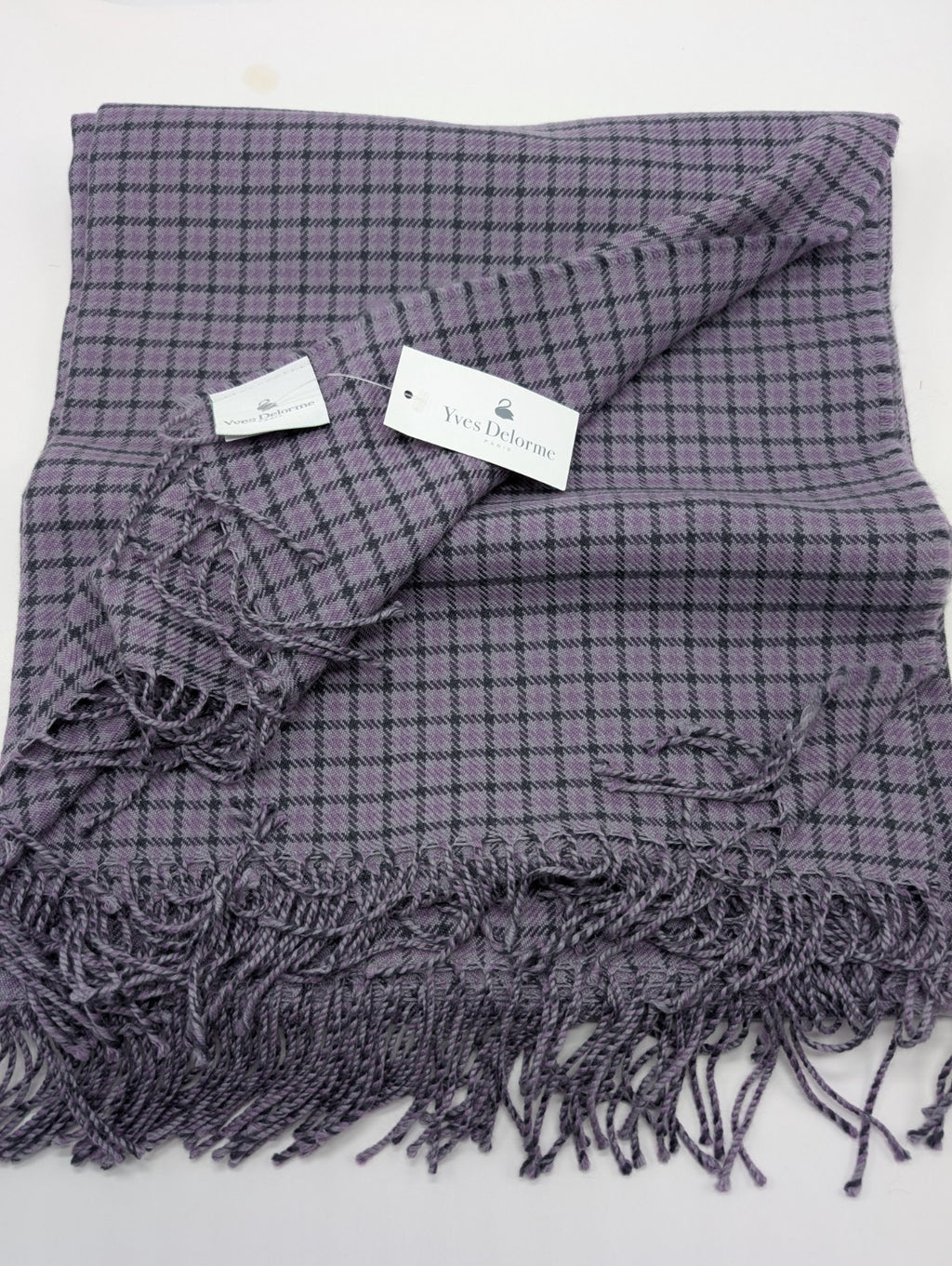 Yves Delorme Purple Gabriel Throw Blanket Fringed Houndstooth Merino Wool NEW7