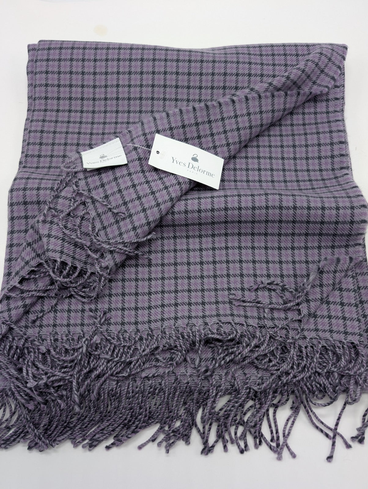 Yves Delorme Purple Gabriel Throw Blanket Fringed Houndstooth Merino Wool NEW7