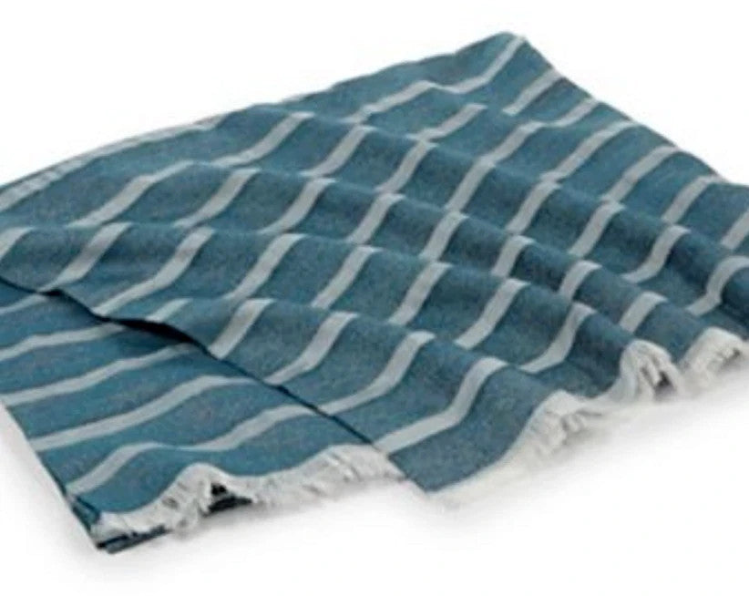 Sferra Marice Blue Throw Blanket Stripes Fringed Wool Silk Oversized Italy NEW1