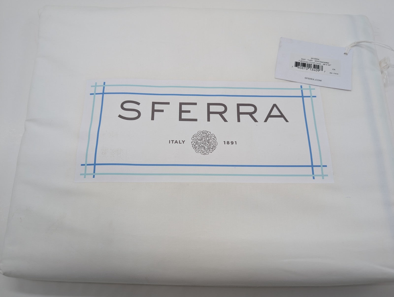 Sferra Tratto White Queen Duvet Blue Satin Stitch Line Embroidery Italy NEW11