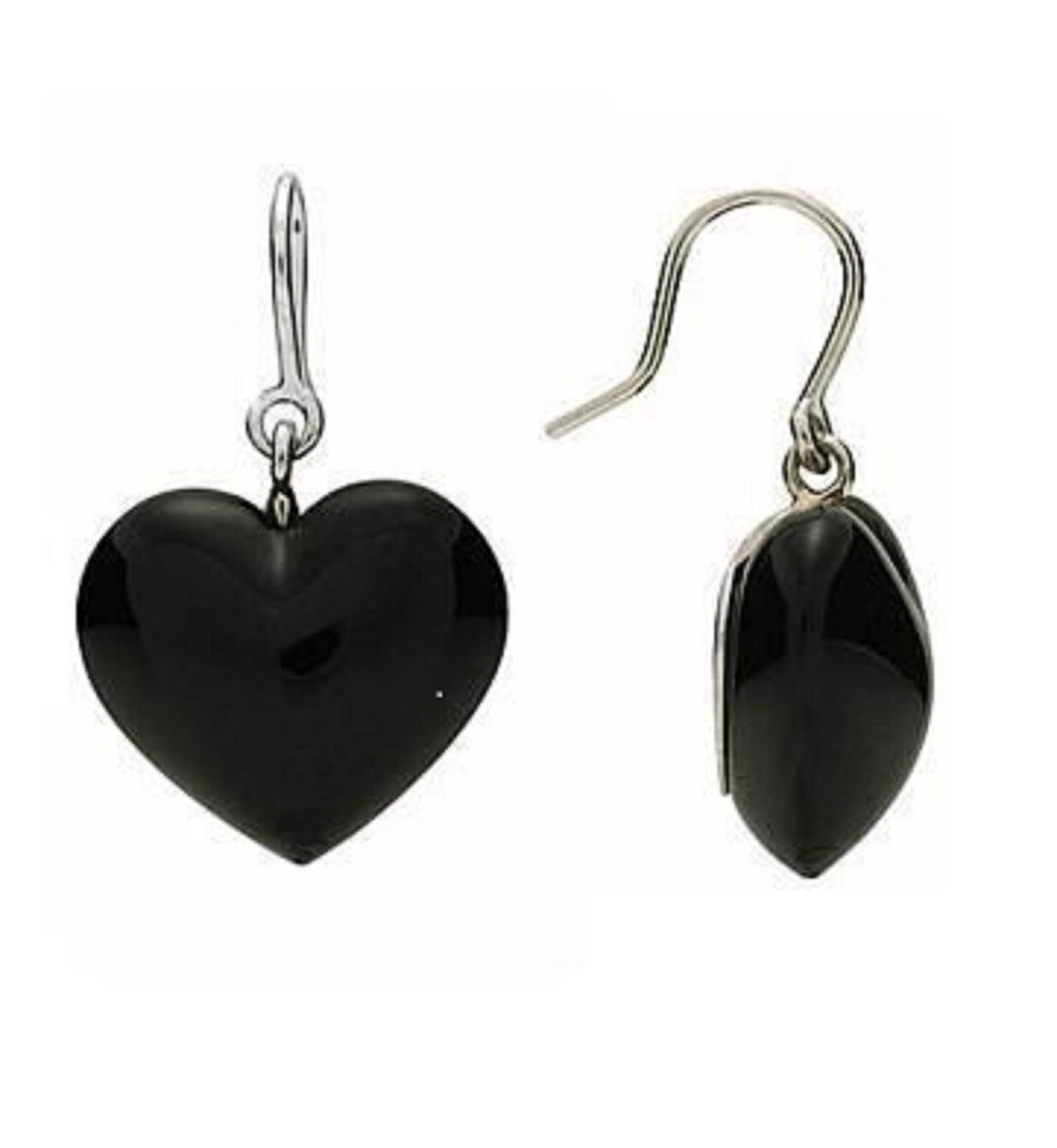 Baccarat Crystal Onyx Heart Earrings Coeur Sterling Silver Wire Drop 1.25" NEW0