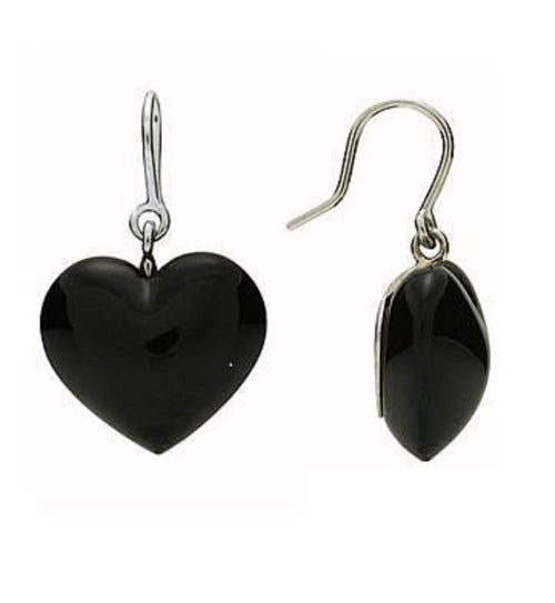 Baccarat Crystal Onyx Heart Earrings Coeur Sterling Silver Wire Drop 1.25" NEW0