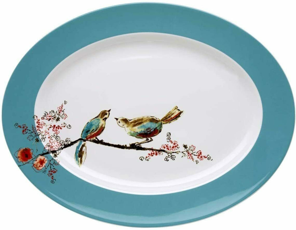 Lenox Chirp Oval Serving Platter 16" Flowers Birds White Teal Bone China USA NEW3