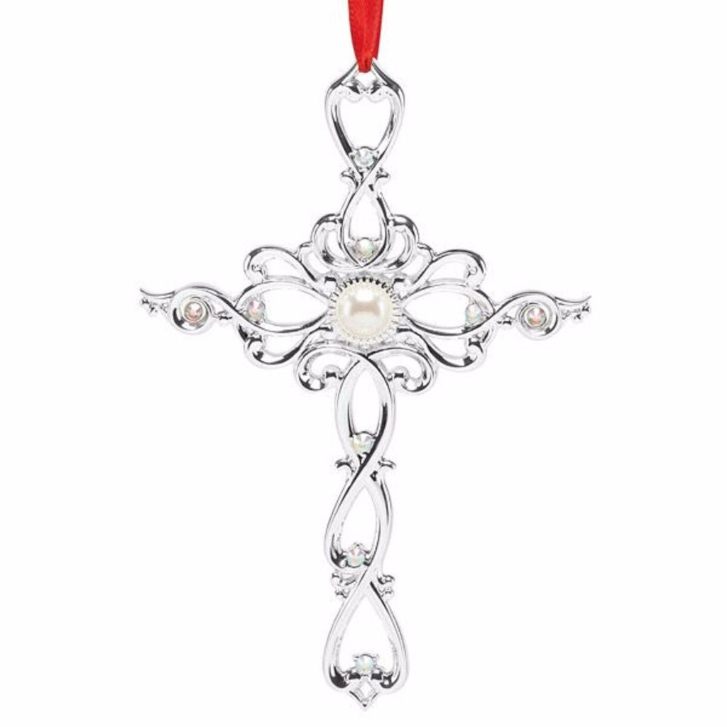 Lenox Gemmed Cross Ornament Filigree Silver Pearl Crystals 2015 Christmas NEW0