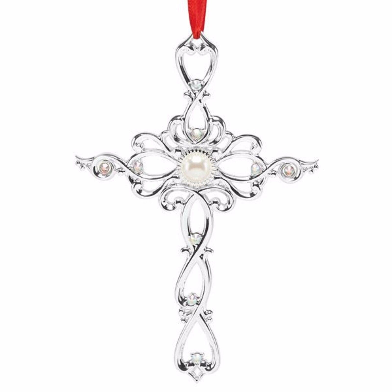 Lenox Gemmed Cross Ornament Filigree Silver Pearl Crystals 2015 Christmas NEW0