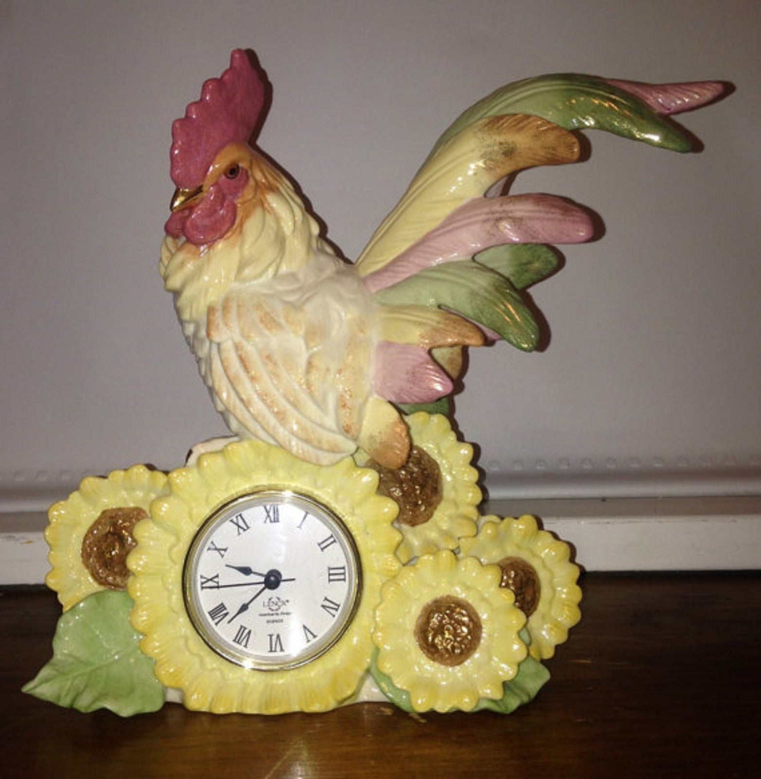 Lenox Rooster Clock Figurine Country Gentleman Colorful Sunflowers Quartz 9" NEW3