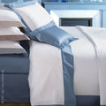 Yves Delorme White Queen Flat Sheet  Baltic Blue Wide Border Sateen Cocon NEW0