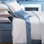Yves Delorme White Queen Flat Sheet  Baltic Blue Wide Border Sateen Cocon NEW0