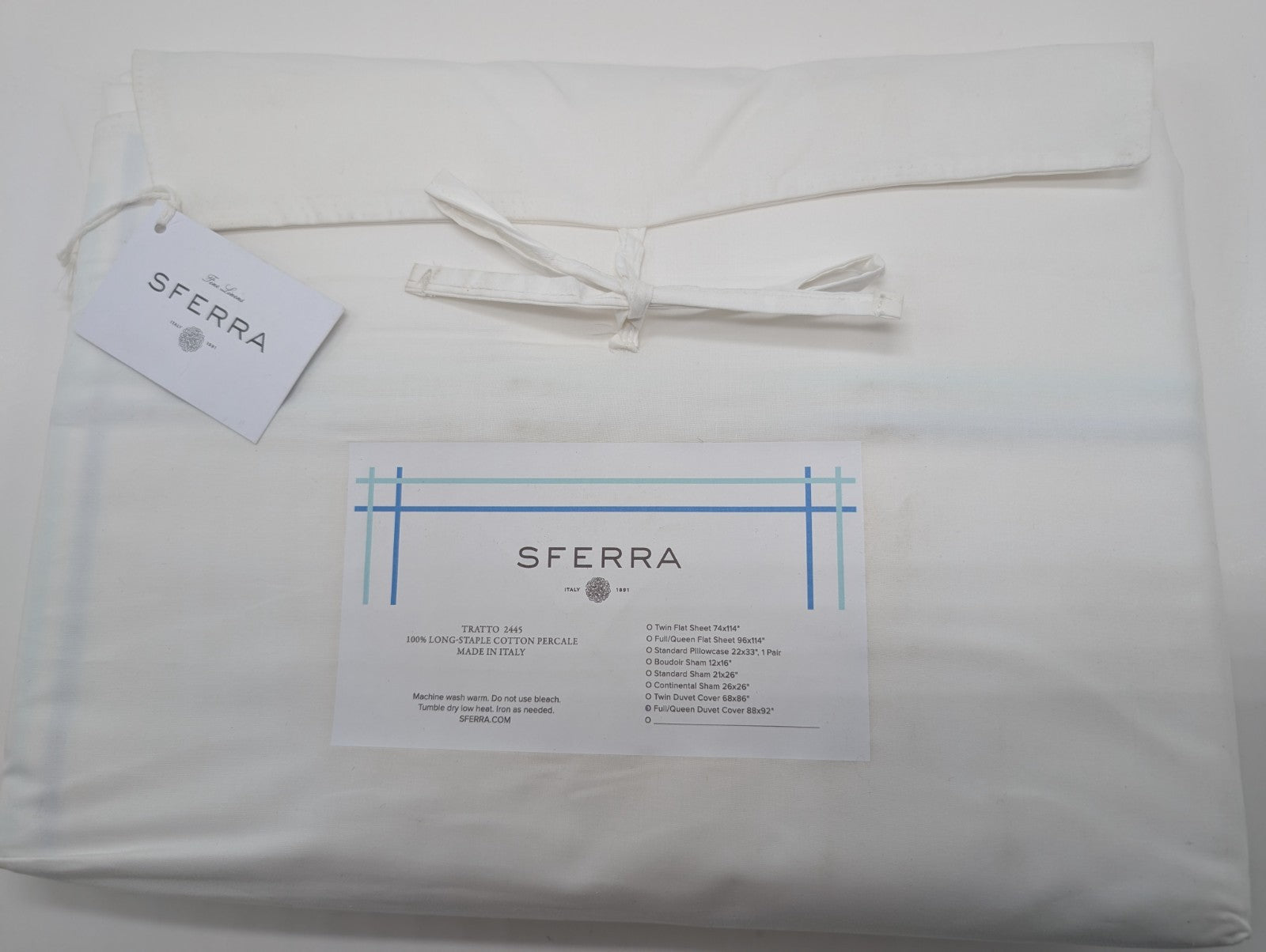 Sferra Tratto White Queen Duvet Blue Satin Stitch Line Embroidery Italy NEW14