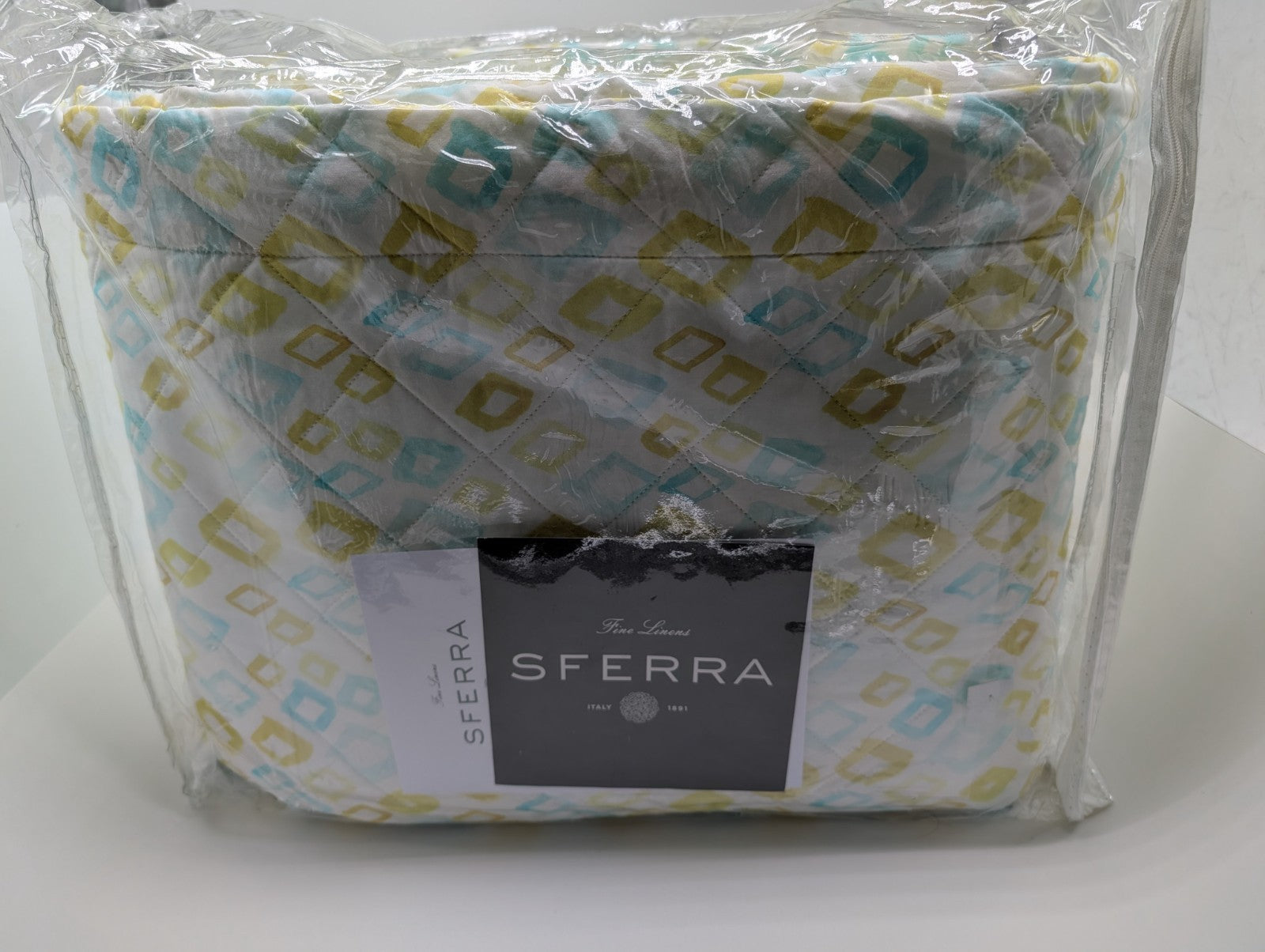 Sferra Geometrico Queen Quilt Aqua Yellow Diamond Cotton Percale Print Italy NEW12