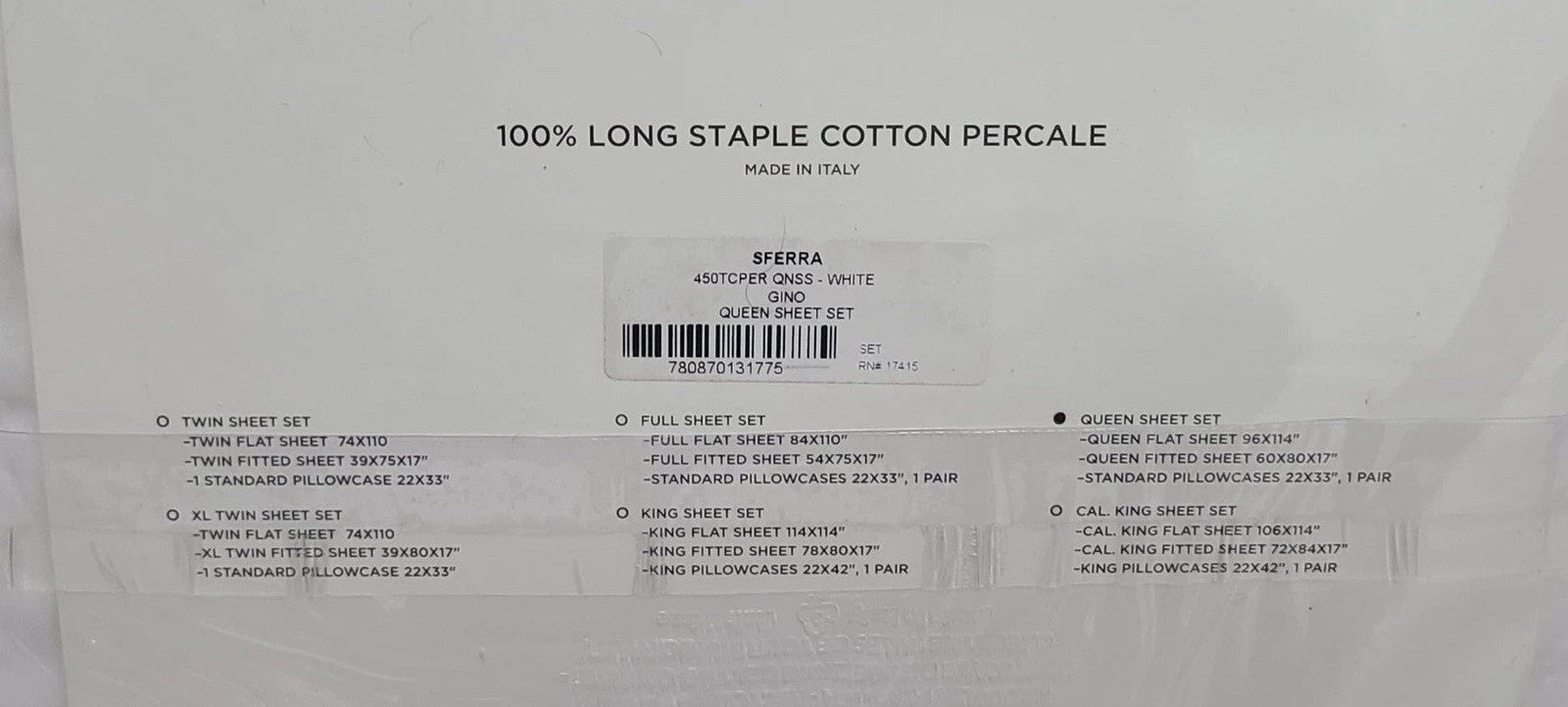 Sferra Gino White Queen Sheet Set 4 PC Solid 100% Cotton Percale 450TC Italy NEW11
