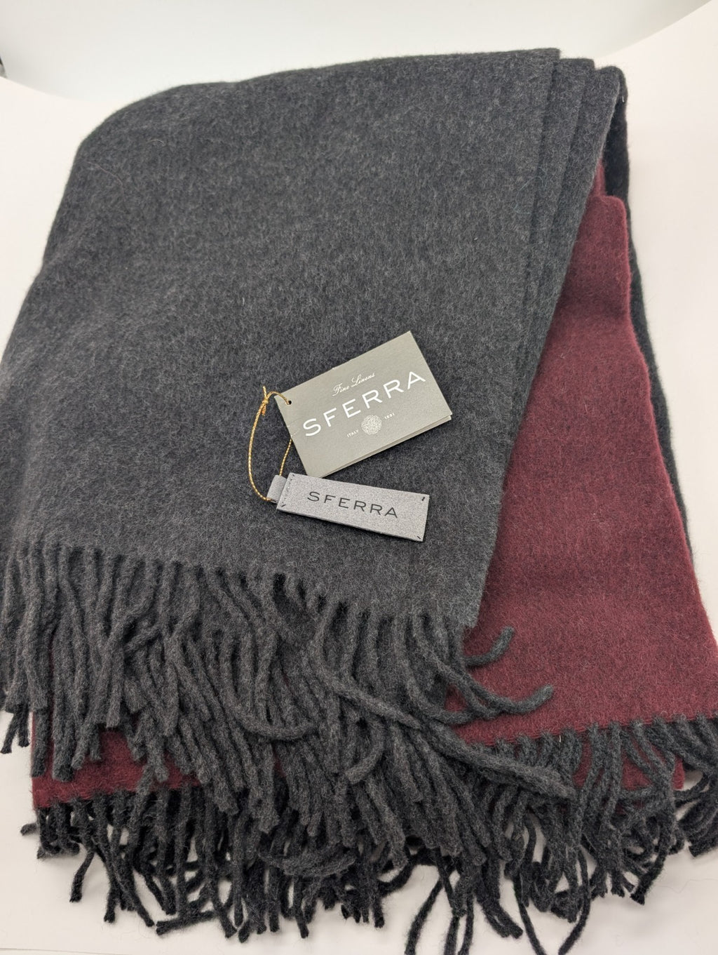 Sferra Jeno Throw Blanket Burgundy Grey Variated Fringe Angora & Merino Soft NEW0