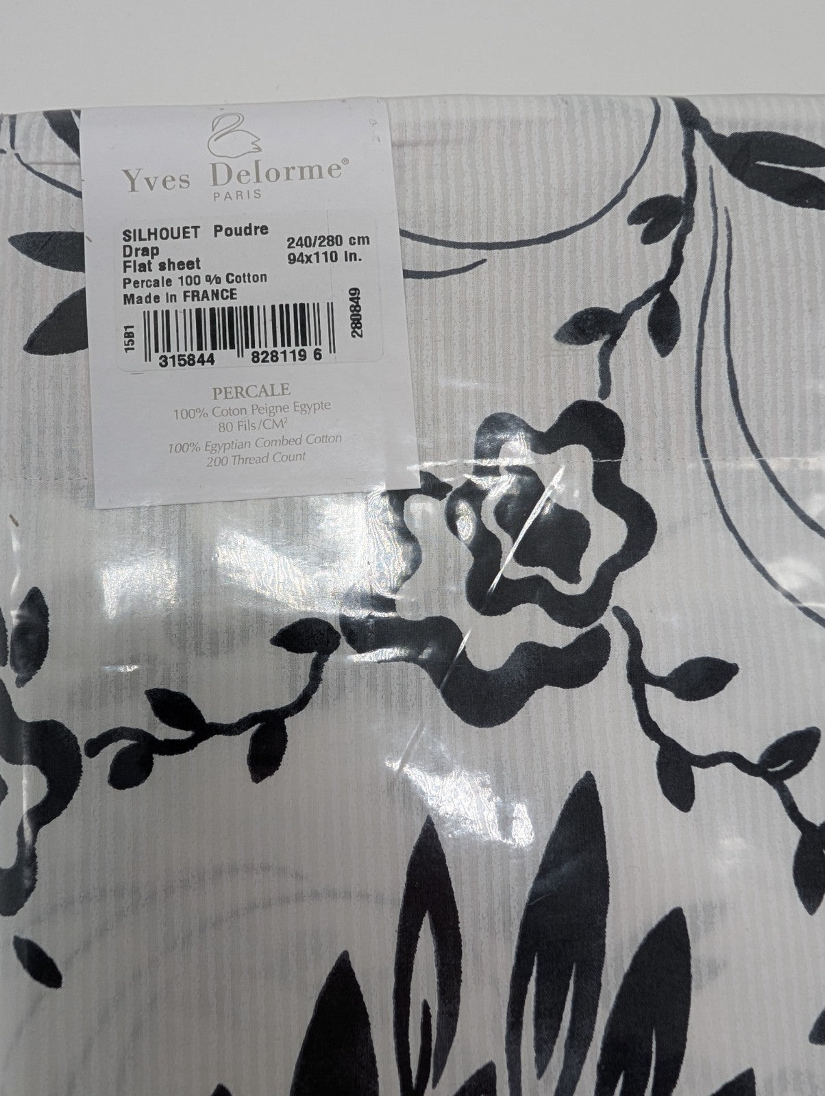 Yves Delorme Silhouette Queen Flat Sheet Black White Print Pink Cuff Percale NEW14