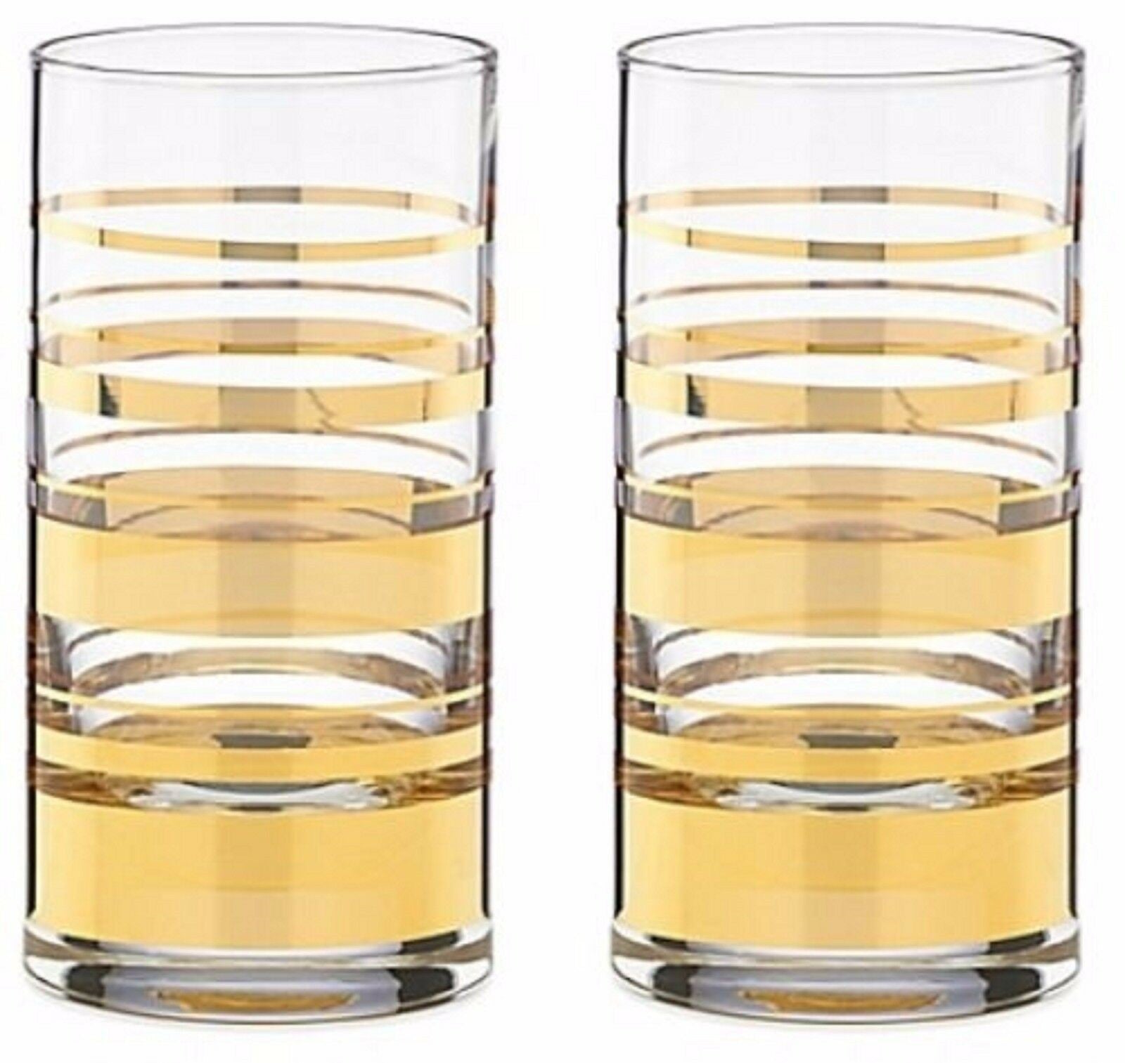 Kate Spade NY Hampton Street Highball Glasses Pair Gold Stripes Lenox NEW IN BOX0