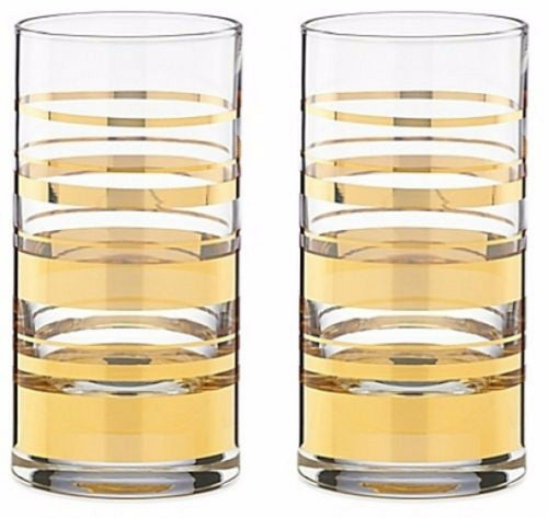 Kate Spade NY Hampton Street Highball Glasses Pair Gold Stripes Lenox NEW IN BOX0