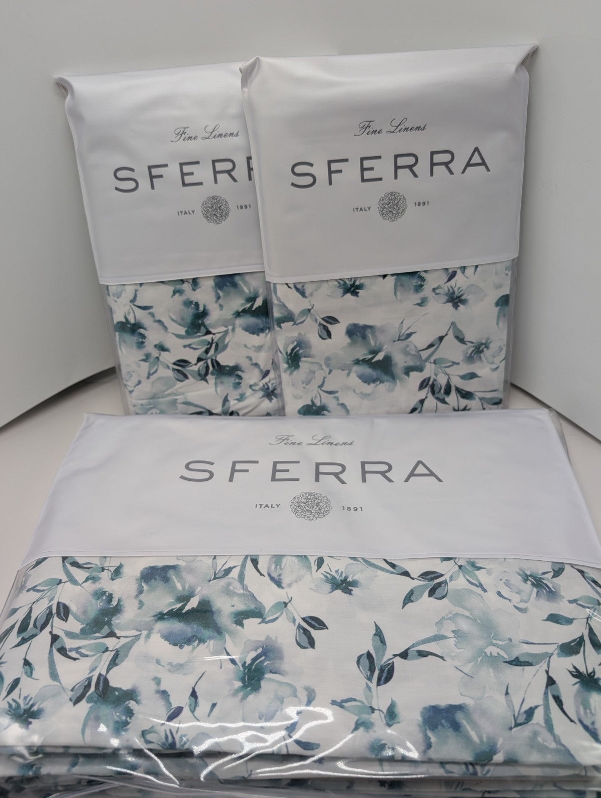 Sferra Duchesse Blue Queen Duvet Set 3PC Floral Cotton Print Reverses Italy NEW0