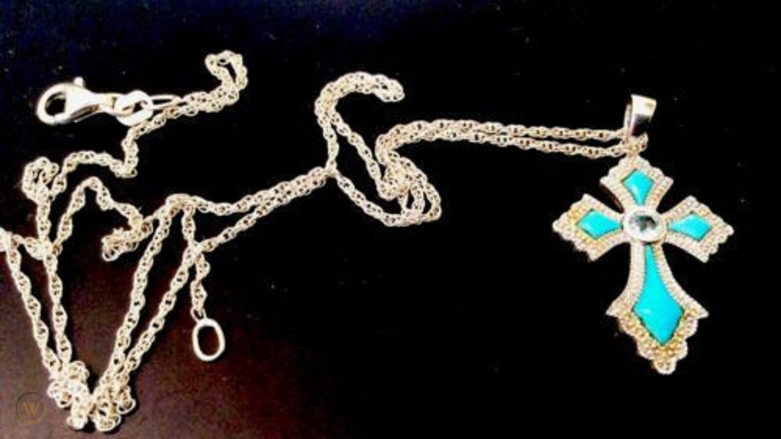 Lenox Turquoise Cross Necklace Blue Topaz Stone Sterling Silver Chain 18" NEW3