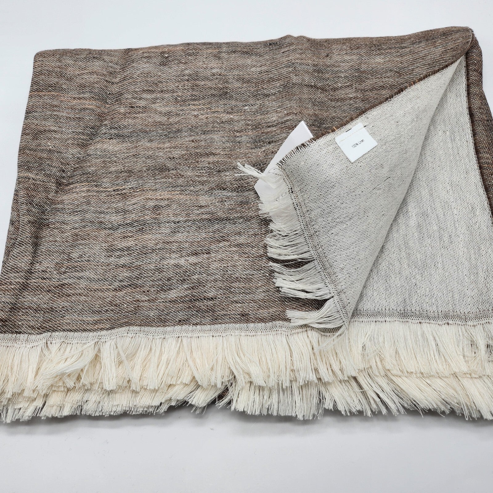 Sferra Taupe Linen Throw Blanket Fringed Woven Linear Design Oversized Italy NEW4