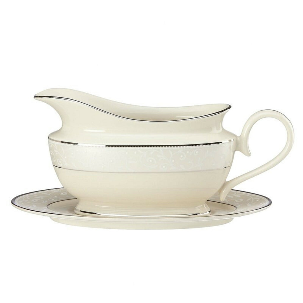 Lenox Pearl Innocence Gravy Boat & Stand Sauce 2PC Platinum Enamel USA NEW BOXED3