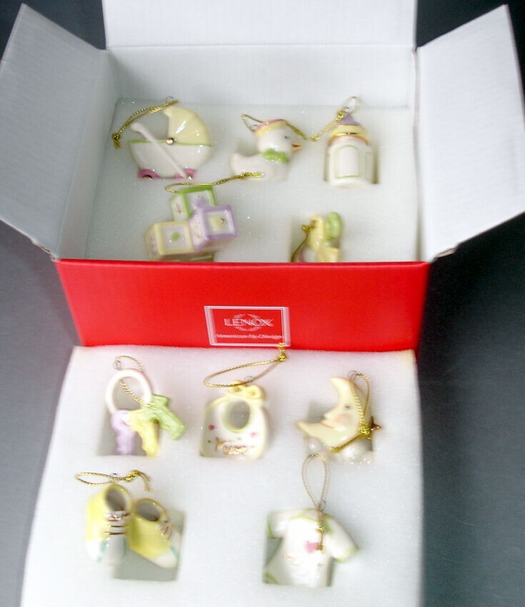 Lenox Baby Memories Mini Tree Ornaments Set 10 Booties Rattle Blocks Bottle NEW3