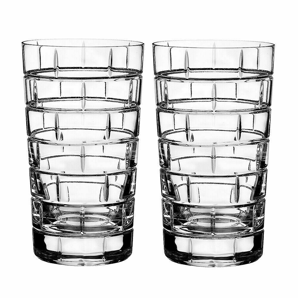 Rogaska Crystal Quoin Highball Glasses Pair Hand Cut Grid Design Gift NEW IN BOX0