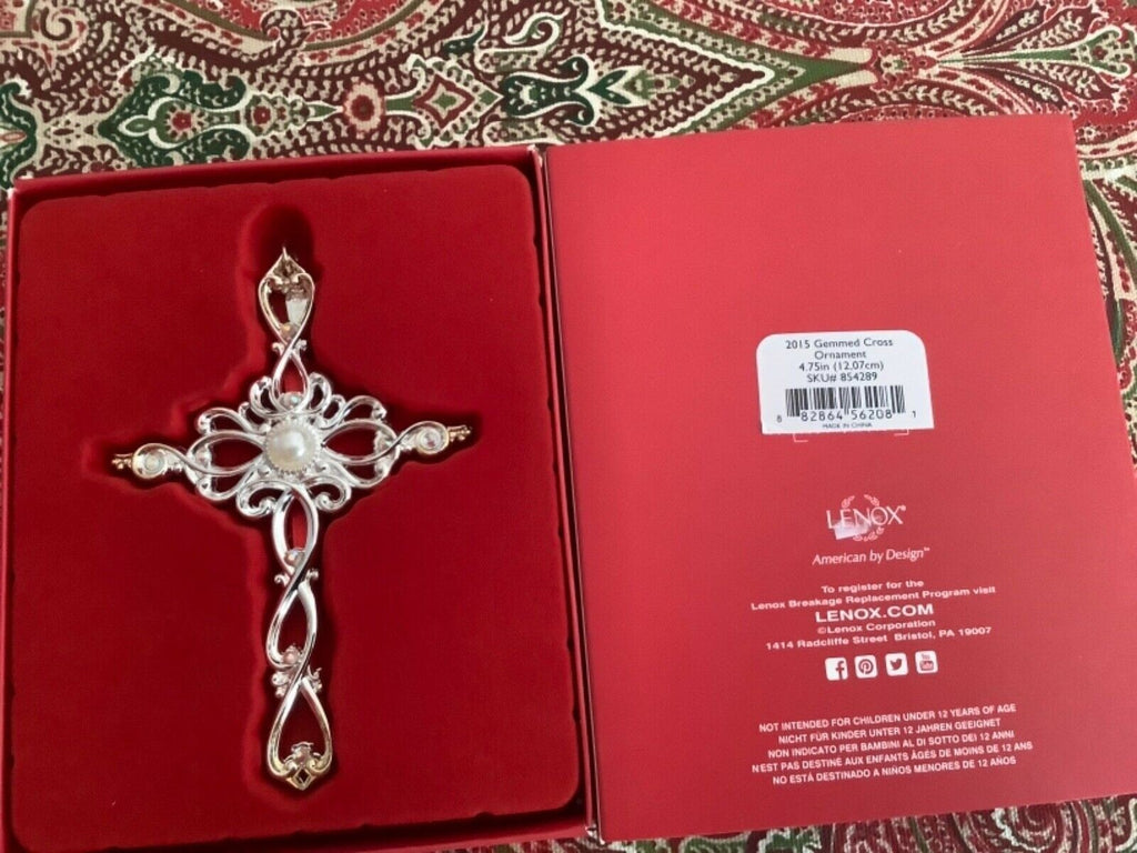 Lenox Gemmed Cross Ornament Filigree Silver Pearl Crystals 2015 Christmas NEW13