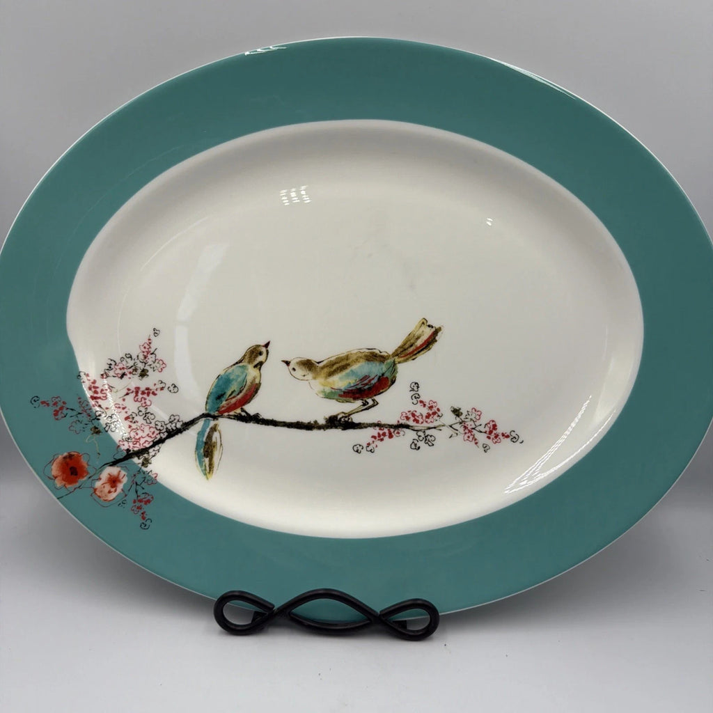Lenox Chirp Oval Serving Platter 16" Flowers Birds White Teal Bone China USA NEW4
