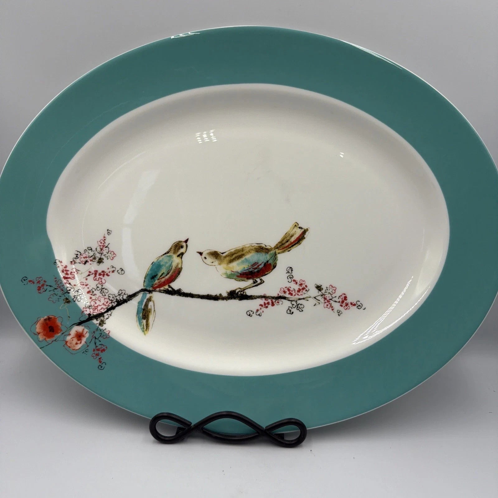Lenox Chirp Oval Serving Platter 16" Flowers Birds White Teal Bone China USA NEW4
