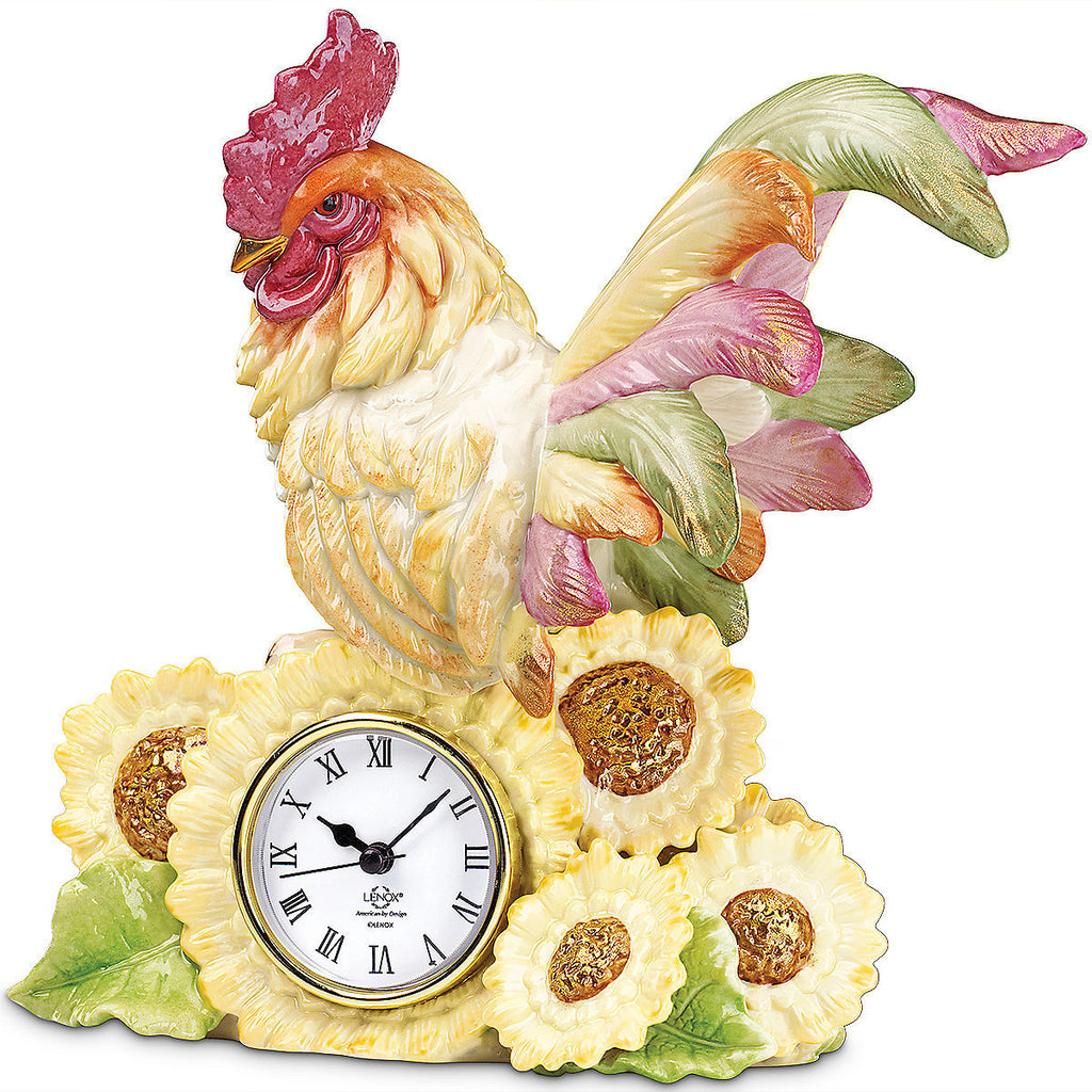 Lenox Rooster Clock Figurine Country Gentleman Colorful Sunflowers Quartz 9" NEW0
